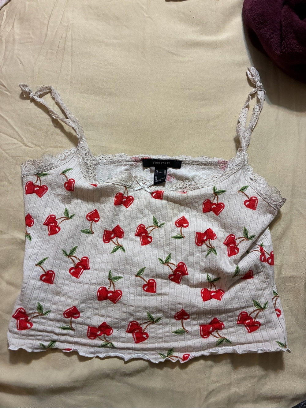 Forever 21 White Cherry-Print Lace Trim Cami